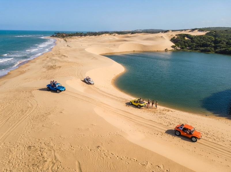 Buggy nas dunas de Genipabu ao entardecer
